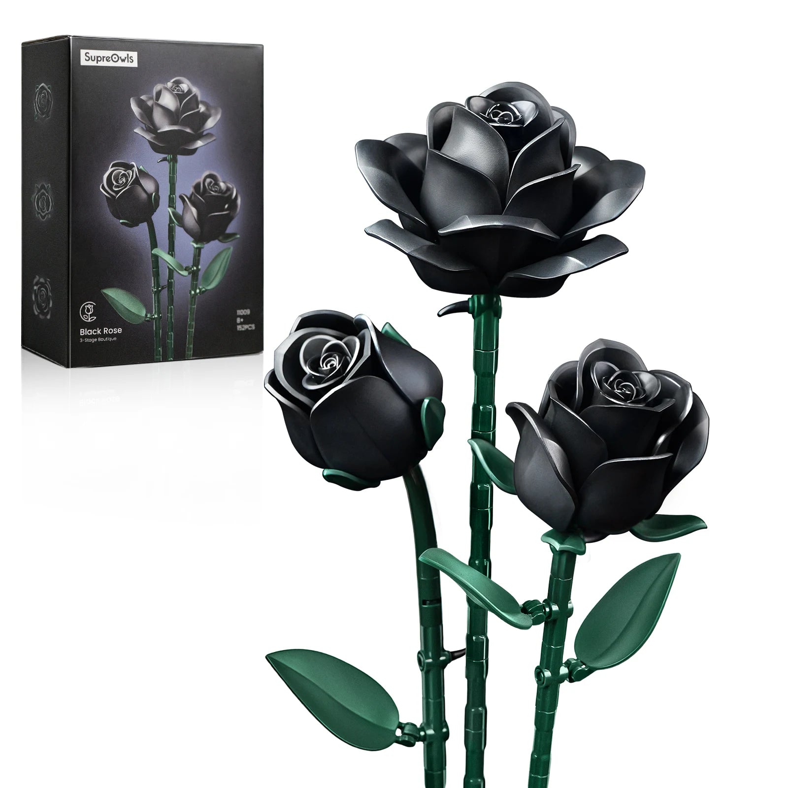 Black Roses building block set, 3-piece floral bouquet model for home décor